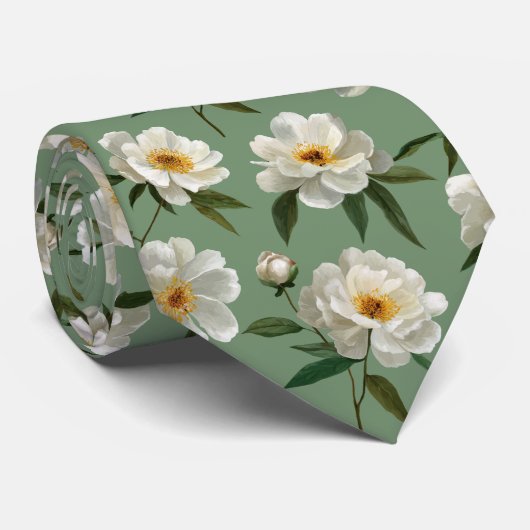 White Peony Floral Pattern Krawatte (Gerollt)