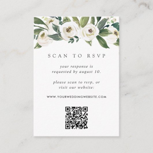 White Peony | Floral QR Code Wedding RSVP Begleitkarte (Vorderseite)