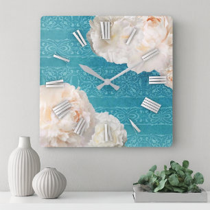 White Peony Flowers On Turquoise Damask Pattern Quadratische Wanduhr