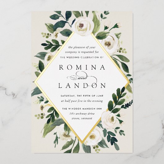 White Peony | Geometrisches Blumenzildchen Folieneinladung (Vorderseite)