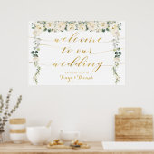 White Peony Gold Calligraphy Willkommen bei Hochze Poster (Küche)