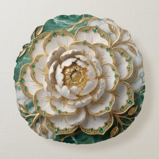 White Peony Gold Filigre Emerald Luxury Floral Art Rundes Kissen (Vorderseite)