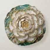 White Peony Gold Filigre Emerald Luxury Floral Art Rundes Kissen (Rückseite)