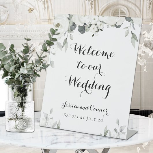 White Peony Greenerity Wedding Custom Welcome Sign Sockelschild