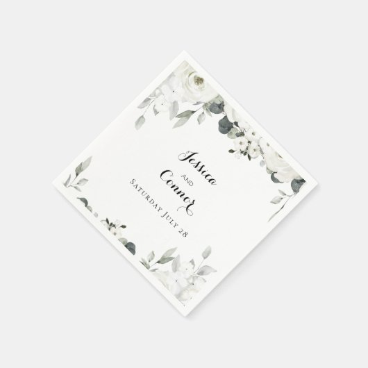 White Peony Greenerity Wedding Square Cocktail Serviette (Ecke)