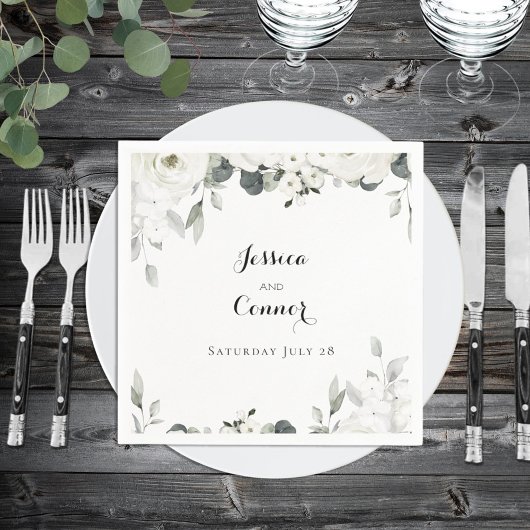White Peony Greenerity Wedding Square Cocktail Serviette