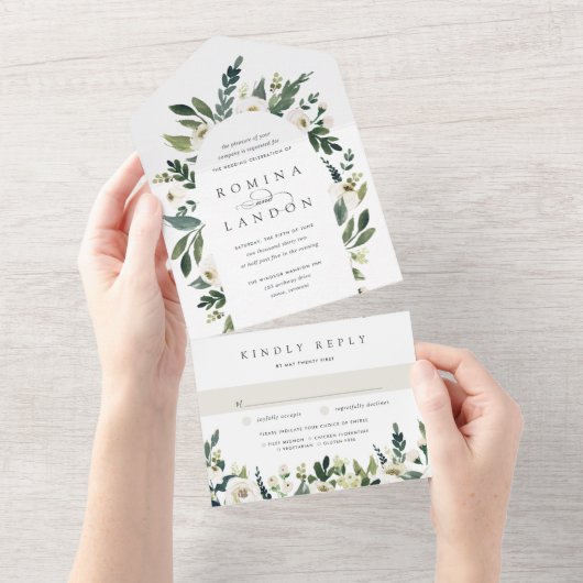 White Peony | Hochzeitsfeier mit Wasserfarben All In One Einladung (Abreißen)