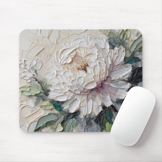 White Peony Impasto Art Mousepad (Mit Mouse)