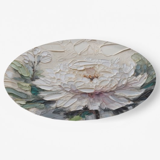 White Peony Impasto Art Pappteller (Schrägansicht)