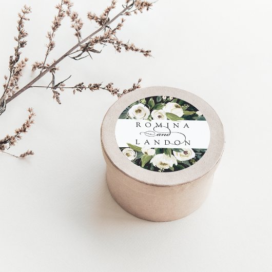 White Peony | Personalisierte Blumenhochzeit Runder Aufkleber