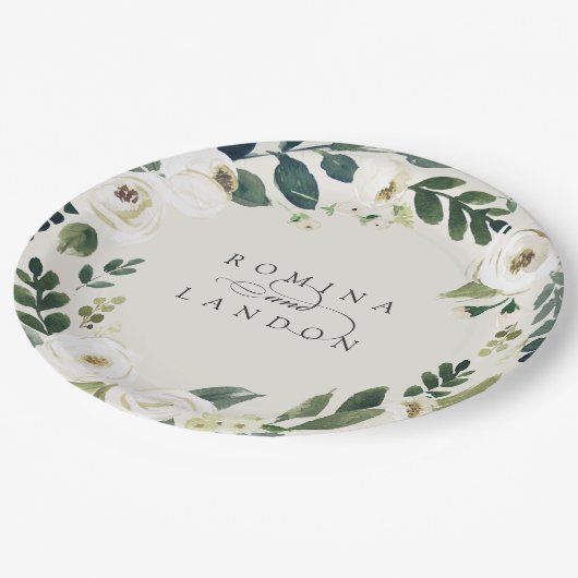 White Peony | Personalisierte Blumenzeremonie Pappteller (Schrägansicht)