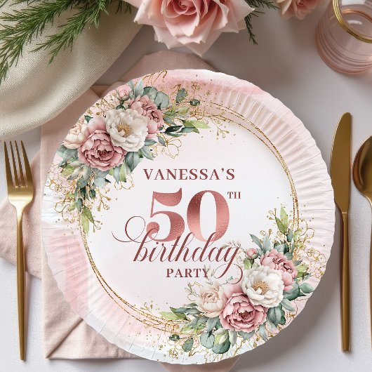 White Peony Rose Gold 50th Birthday Paper Plates Pappteller