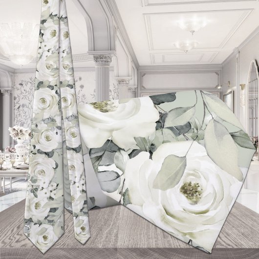 White Peony Silver Eucalyptus Wedding Sage Green Krawatte