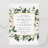 White Peony | Square Floral Frame Wedding Folieneinladung (Vorderseite)
