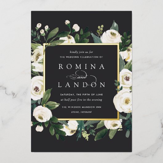 White Peony | Square Floral Frame Wedding Folieneinladung (Vorderseite)