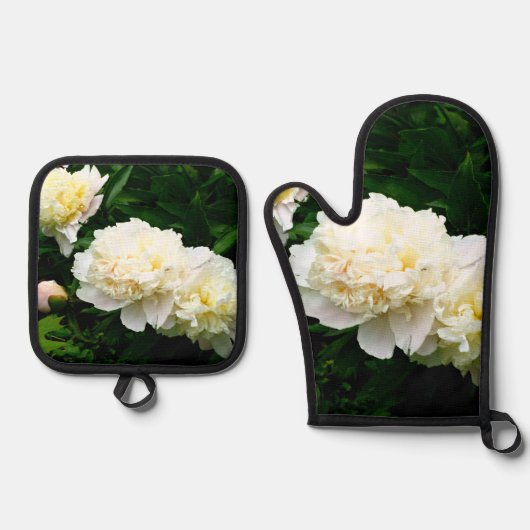 White Peony Trio Ofenhandschuh & Topflappen-Set (Vorderseite)