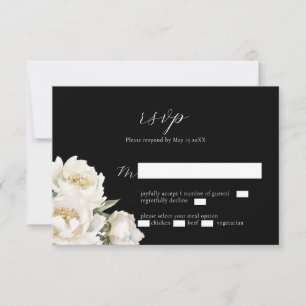 White Peony Wedding Black RSVP Card Karte