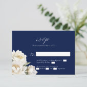 White Peony Wedding Blue RSVP Card (Stehend Vorderseite)
