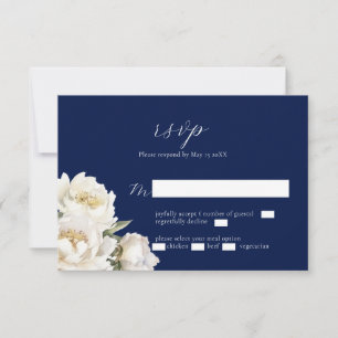 White Peony Wedding Blue RSVP Card Karte
