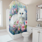 White Persian Kitty Cat Blue Eyes in Pink Blume Duschvorhang (Beispiel)