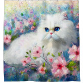White Persian Kitty Cat Blue Eyes in Pink Blume Duschvorhang (Vorderseite)