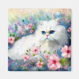 White Persian Kitty Cat Blue Eyes in Pink Blume Magnet