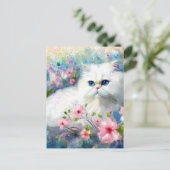 White Persian Kitty Cat Blue Eyes in Pink Blume Postkarte (Stehend Vorderseite)