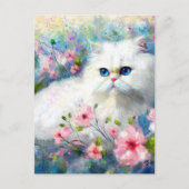 White Persian Kitty Cat Blue Eyes in Pink Blume Postkarte (Vorderseite)