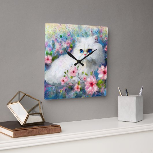 White Persian Kitty Cat Blue Eyes in Pink Blume Quadratische Wanduhr (Büro)