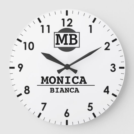 White Personalized Custom Monogram Minimalist Große Wanduhr (Vorderseite)