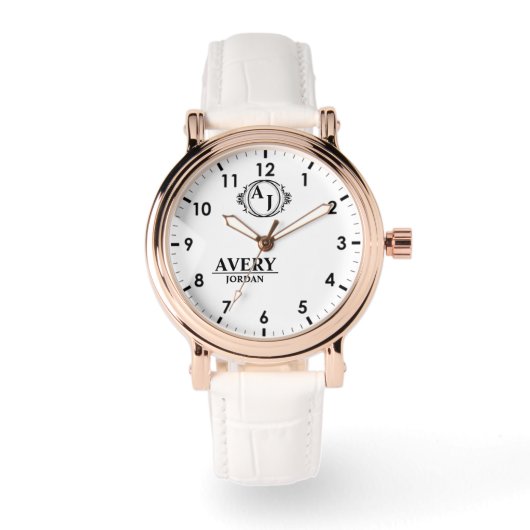 White Personalized Monogram Custom Elegant  Armbanduhr (Vorderseite)