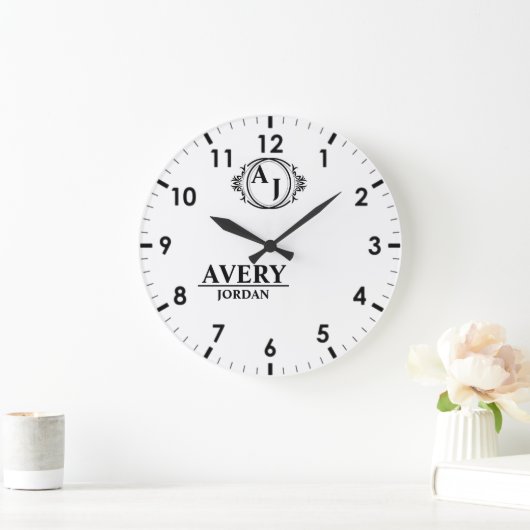 White Personalized Monogram Custom Elegant Große Wanduhr (Zuhause)
