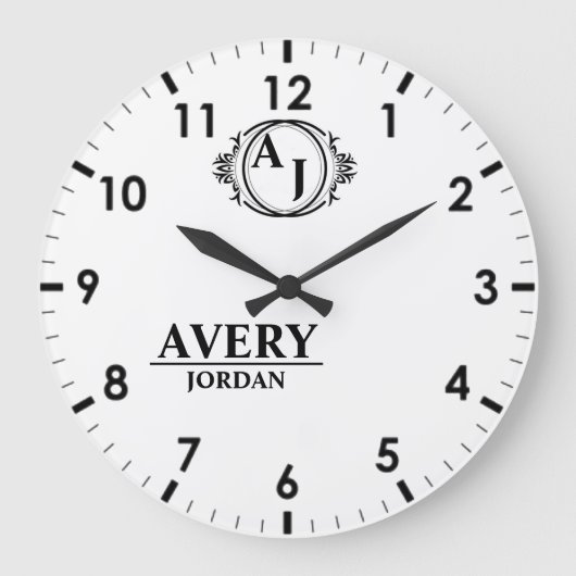 White Personalized Monogram Custom Elegant Große Wanduhr (Vorderseite)