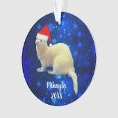 White Pet Ferret in Weihnachtsmannmütze Ornament (Vorderseite)