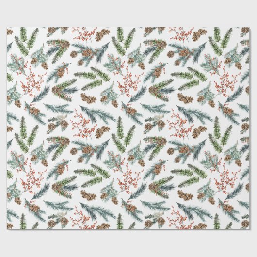 White Pine Blue Spruce Cones & Red Ilex Berries Geschenkpapier (Flach)