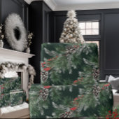 White Pine Cones Silver Spruce Red Berries Garland Geschenkpapier