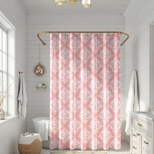 White & Pink Floral Damasks Pattern Duschvorhang