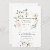 White Pink Floral Greenery Gold Cross Baptism Einladung (Vorne/Hinten)
