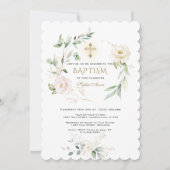White Pink Floral Greenery Gold Cross Baptism  Einladung (Vorderseite)