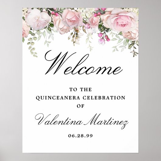 White Pink Floral Quinceanera Begrüßungszeichen Poster (Vorne)