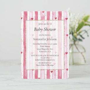 White Pink Heart Stripes Babydusche Einladung