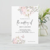 White Pink Magnolia Butterfly Script Hochzeit Einladung (Stehend Vorderseite)