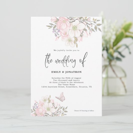 White Pink Magnolia Butterfly Script Hochzeit Einladung (Stehend Vorderseite)