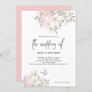White Pink Magnolia Butterfly Script Hochzeit Einladung
