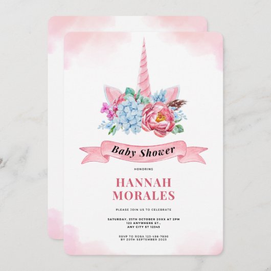 White Pink Watercolor Kinderdusche Einladung (Vorne/Hinten)