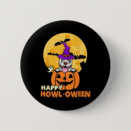 White Pitbull Witch Hund viel Glück Halloween Kost Button (Vorderseite)