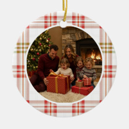 White Plaid Family Christmas Keramik Ornament