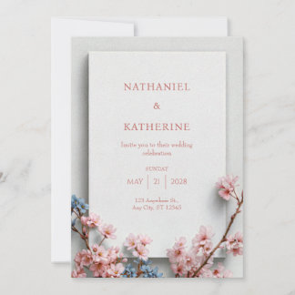 White Plaster Minimalist Sakura Frame Wedding Einladung