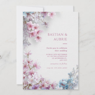 White Plaster Pink Sakura Botanical Border Wedding Einladung