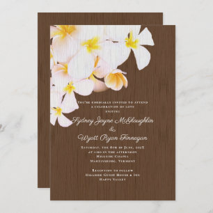 White Plumeria Brown Wood Hawaiian Wedding Einladung